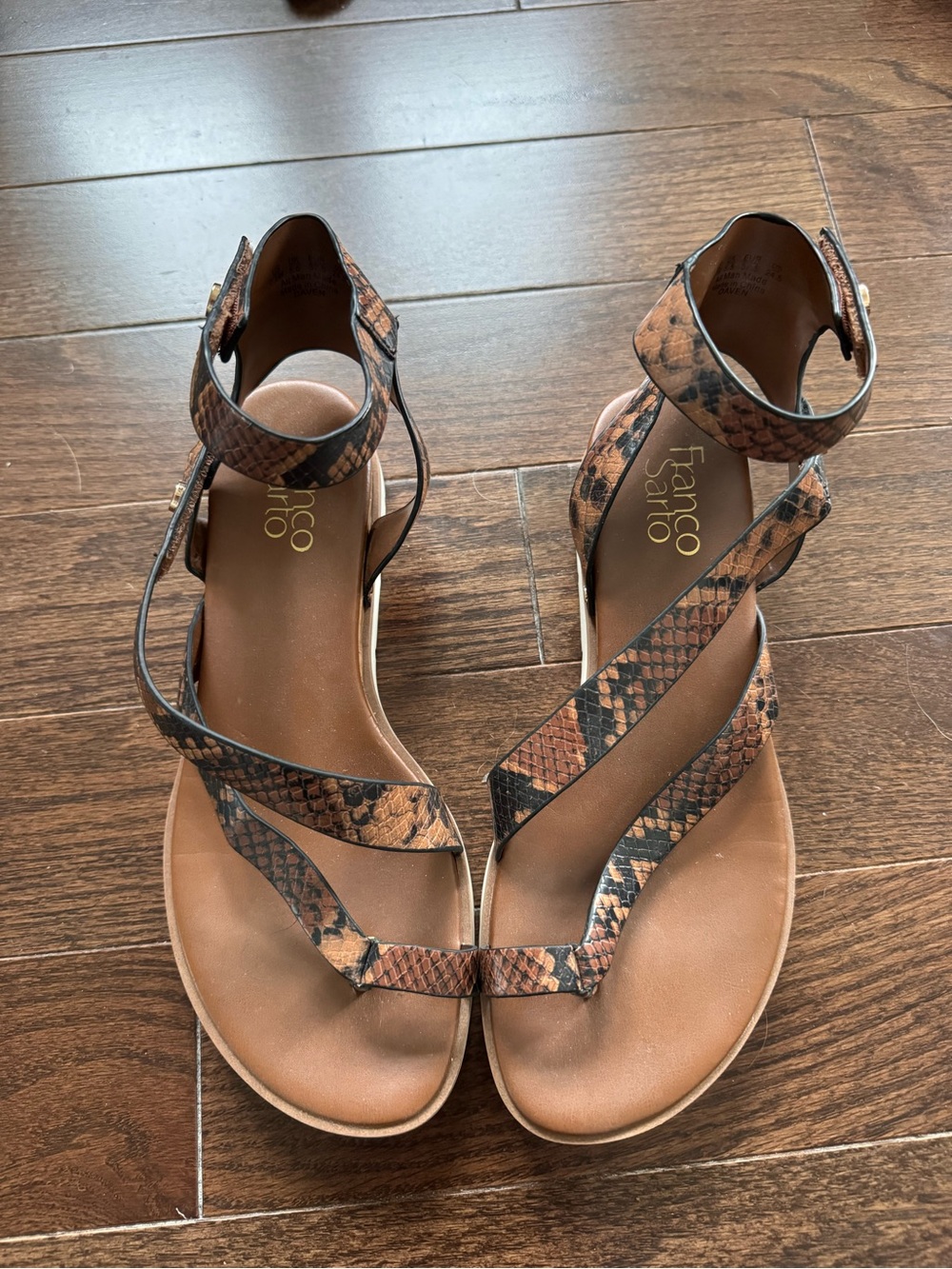 Franco Sarto Brown Snake-Print Ankle-Strap Sandals
